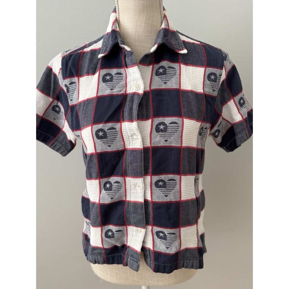 Vintage Tantrums Cotton Heart Flag Button Down Shirt Art to Wear‎ Patriotic Sz S
